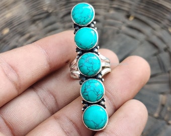 Turquoise Gemstone Ring* Round Shape Ring* Beautiful Ring* 925 Sterling Silver Ring* Handmade Ring* Five Stone Ring* Amazing Designer Ring