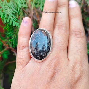 Oval Turritella Agate Ring: 925 Sterling Silver Band