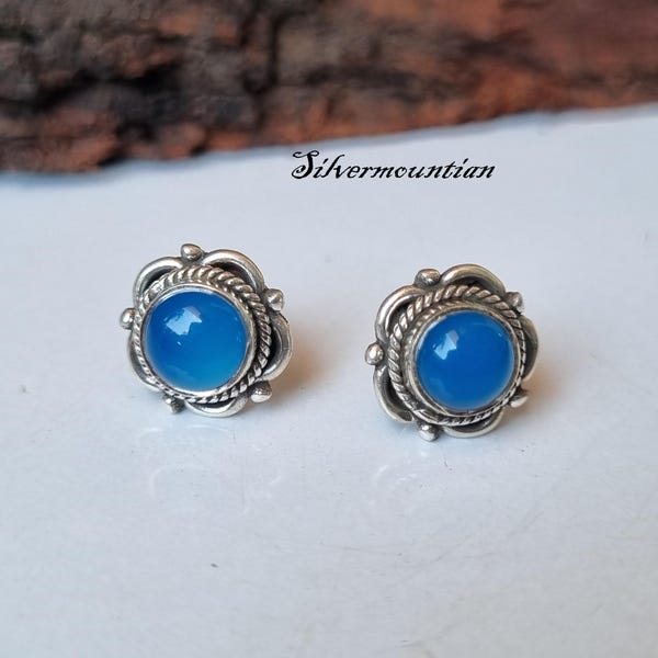 Blue Chalcedony Stud Earrings: Handmade 925 Sterling Silver