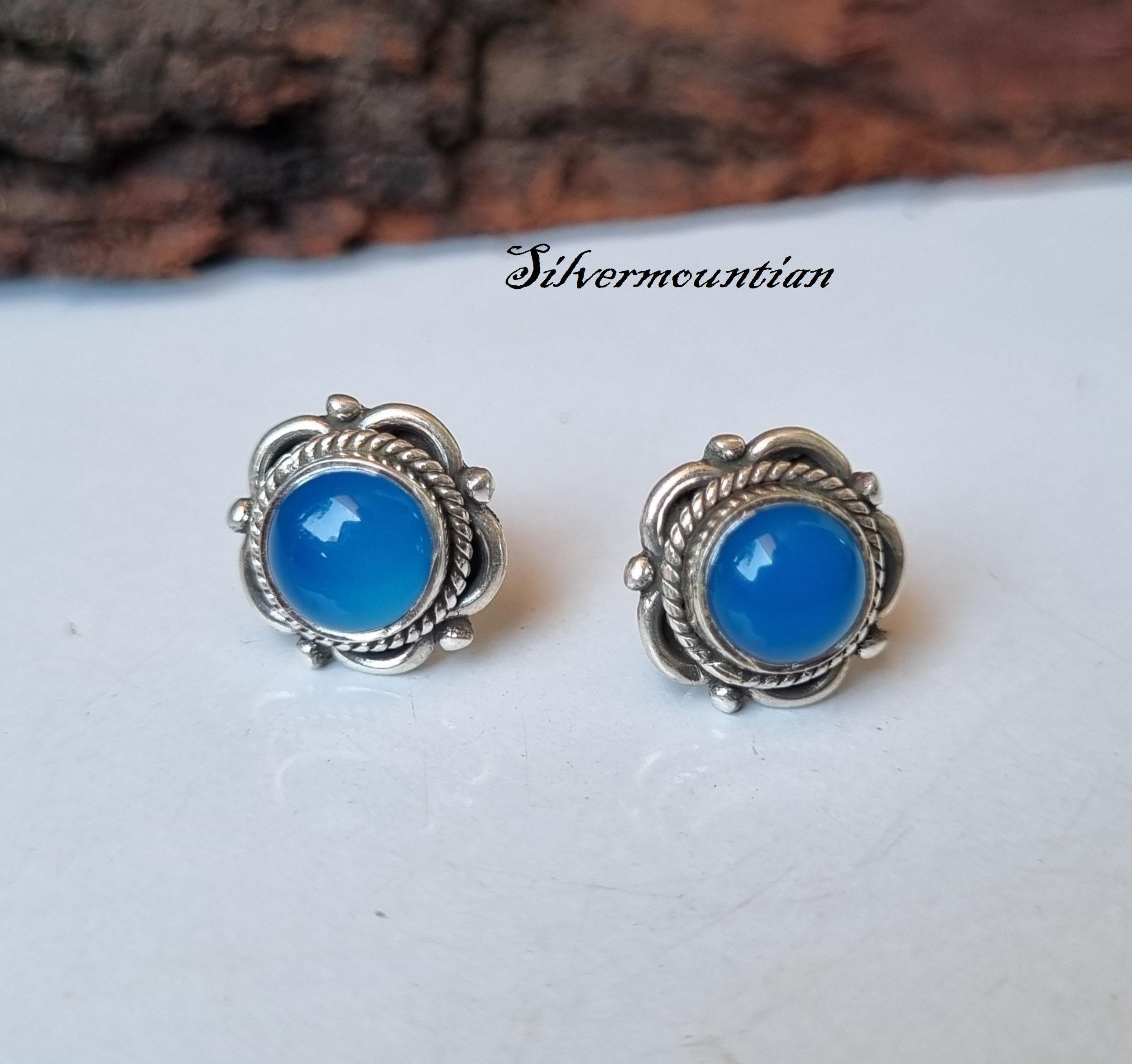 Blue Chalcedony Earrings, 925 Sterling Silver, Stud Earrings, Handmade Earrings, Stylish Earrings, Everyday Earrings, Gift For Women & Girls