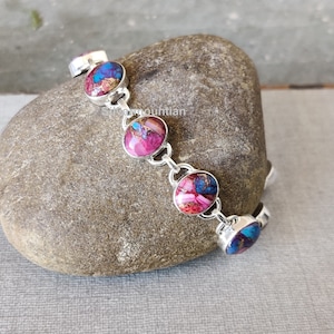 Pink Oyster Copper Turquoise Bracelet* 925 Sterling Silver Bracelet* Handmade Bracelet* Oval Shape Adjustable Bracelet* Beautiful Jewelry**
