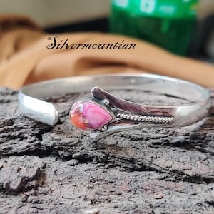 Pink Oyster Turquoise Bangle, Handmade Bangle, 925 Sterling Silver, Adjustable Bangle, Stylish Bangle, Boho Turquoise Jewelry, Gift For Wife