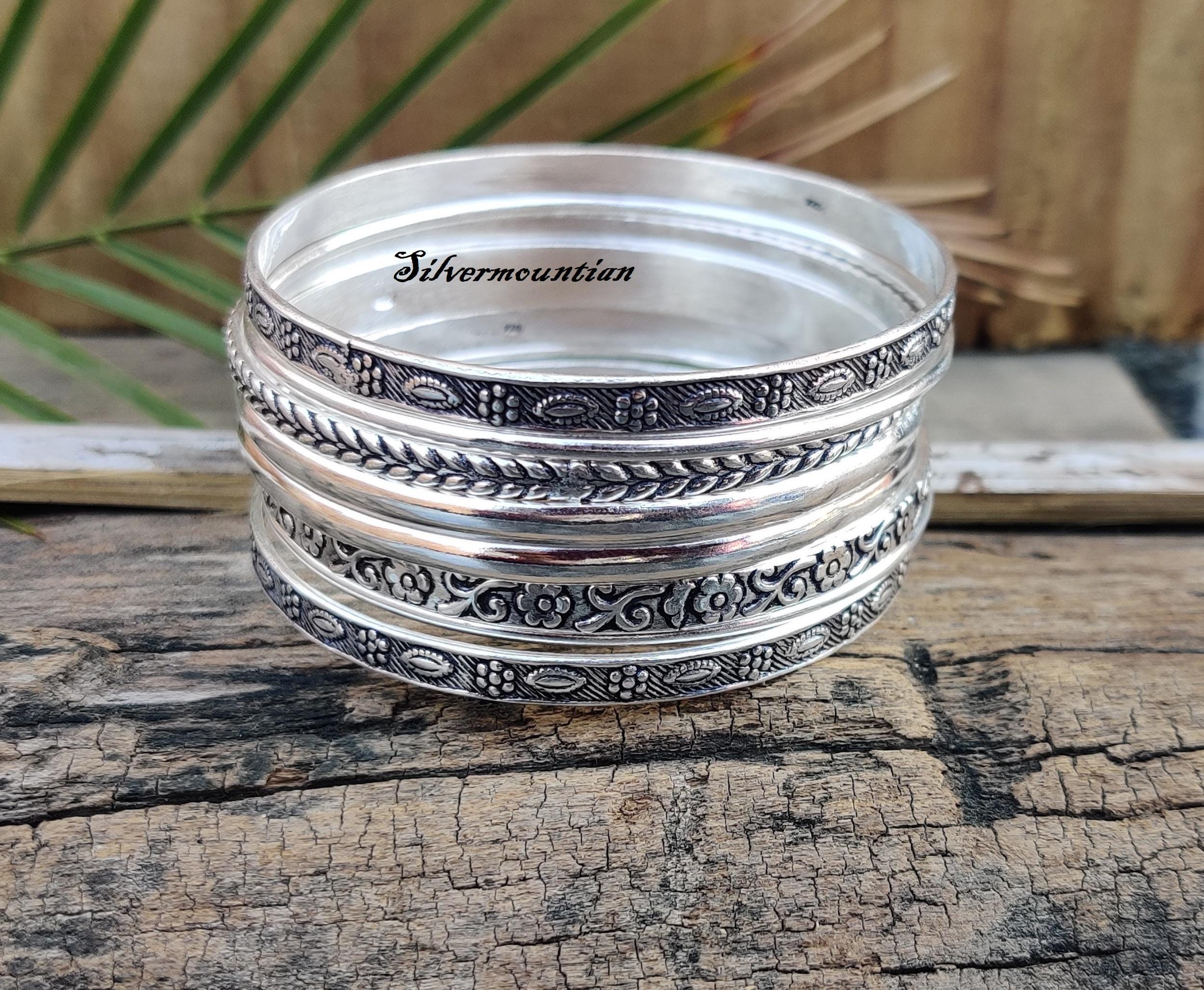 Handmade 925 Sterling Silver Bangle Set: Stackable Mix Design 