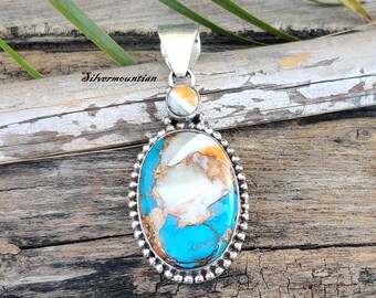 Handmade Oyster Copper Turquoise Pendant: 925 Sterling Silver Boho Jewelry, Women Necklace, Gift For Her