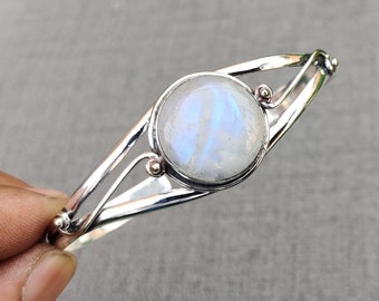 Handmade Moonstone Bangle: 925 Sterling Silver Adjustable Bracelet