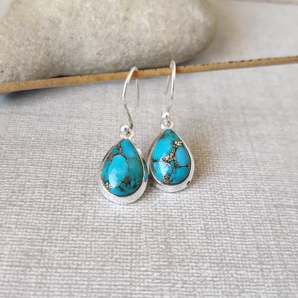 Blue Copper Turquoise Sterling Silver Earrings: Pear Drop Gemstone