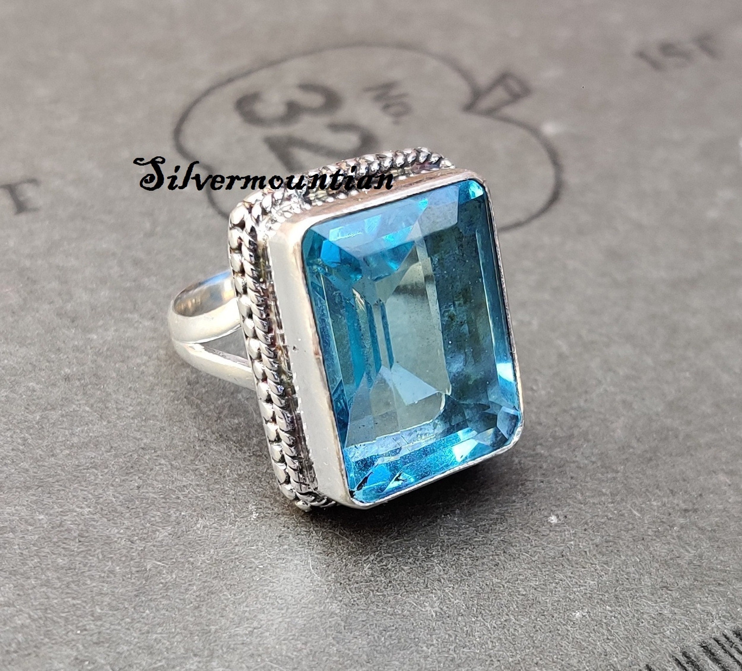 Blue Topaz Ring Rectangle Shape Ring 925 Sterling Silver | Etsy