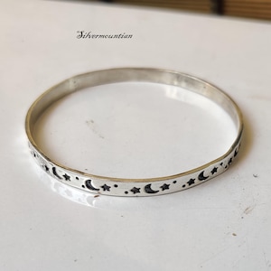 Handmade Sterling Silver Star & Moon Bangle: Bohemian Stackable Jewelry