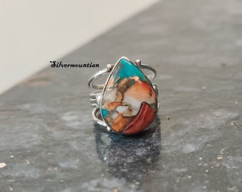 Handmade Pear Oyster Turquoise Ring: 925 Sterling Silver Band
