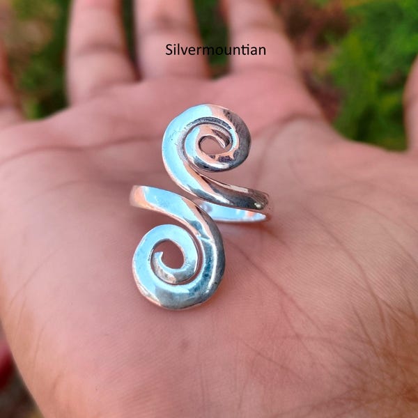 Sterling Silver Double Spiral Ring: Adjustable Swirl Design