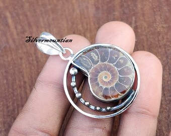 Sterling Silver Ammonite Fossil Pendant: Natural Gemstone Jewelry