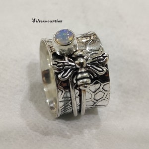Anillo giratorio de abeja de miel con ópalo en plata de ley: joyería de meditación