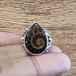 Ammonite Fossil Ring: Handmade 925 Sterling Silver Statement Ring