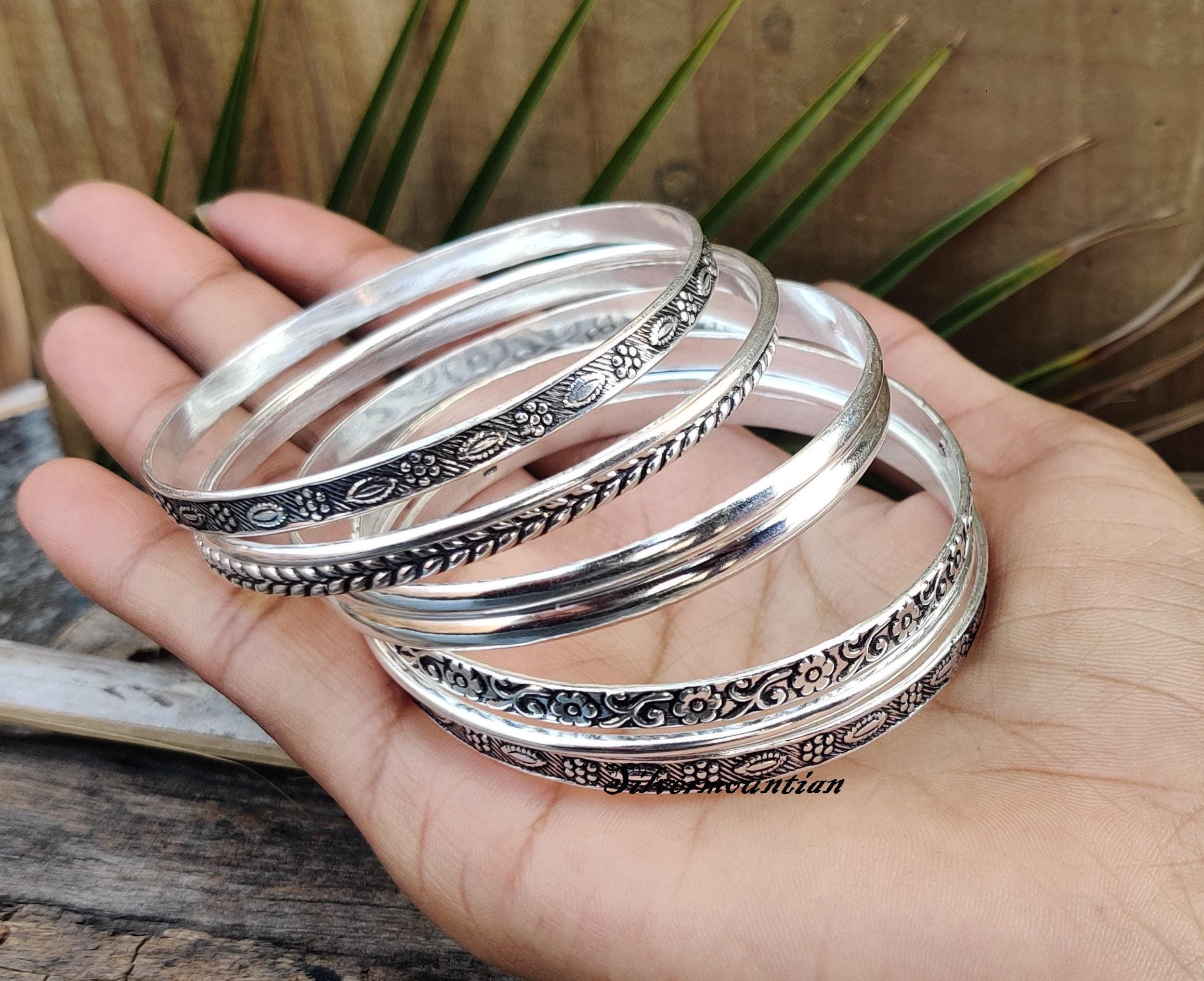 Handmade 925 Sterling Silver Bangle Set: Stackable Mix Design
