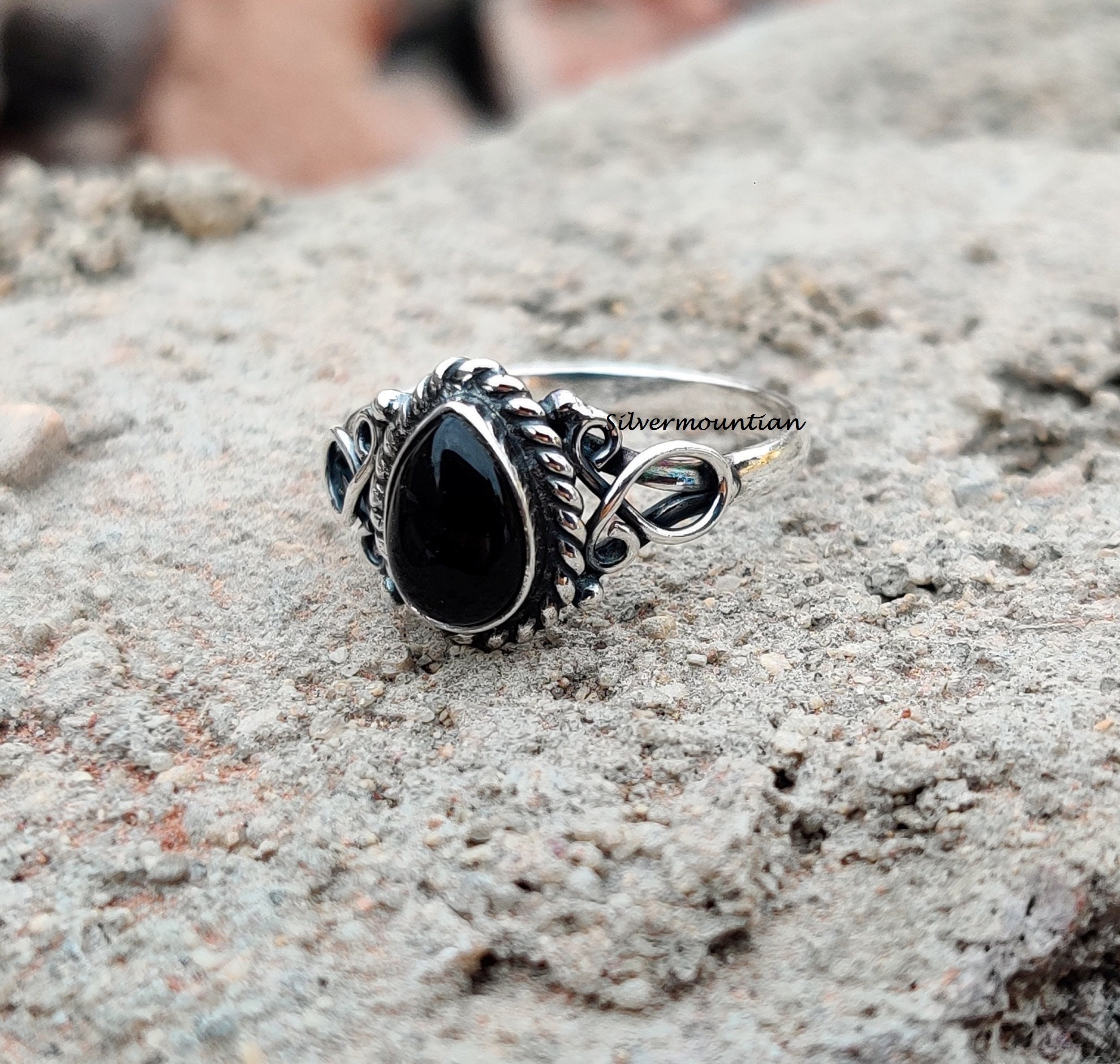 Pear Black Onyx Ring: 925 Sterling Silver Band Ring - Etsy