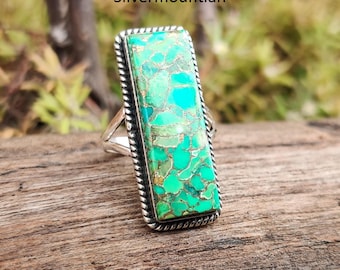Green Copper Turquoise Ring: Handmade 925 Sterling Silver Band Ring