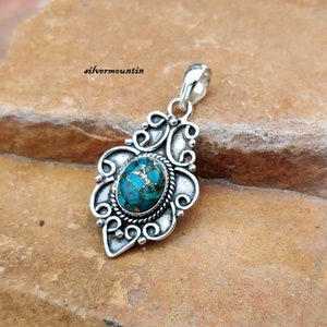 Blue Copper Turquoise Pendant ,Gemstone Pendant, Oval Pendant, Turquoise Jewelry ,925 Sterling Silver , Women Pendant, Free Shipping  ma47