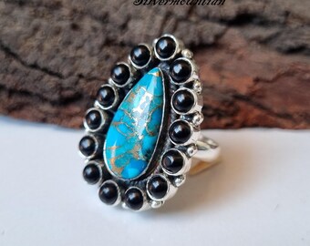 Blue Copper Turquoise & Black Onyx Ring: 925 Sterling Silver Band