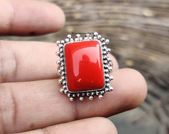 Coral Gemstone Ring*925 Sterling Silver Ring*Rectangle Shape &10X14mm Stone*Designer Ring*Wonderful Ring*Weeding Gift Ring*Silver Jewelry***
