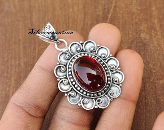 Floral Garnet Pendant: Solid 925 Sterling Silver Women's Jewelry