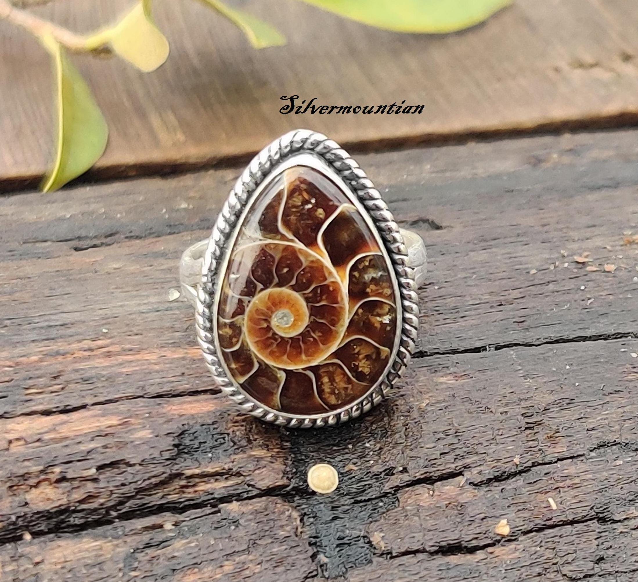 Ammonite Fossil Ring, 925 Sterling Silver, Handmade Ring, Gemstone Silver Ring, Pear Shape Ring, Unique Ring, Pretty Ring, Gifts For Wife