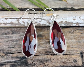 Handmade Garnet Earrings: 925 Sterling Silver Dangle Hook Jewelry