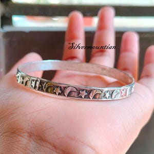 Moon & Star Design Silver Bangle, 925 Sterling Silver, Everyday Bangle, Women Bangle, Handcrafted Celestia, Anniversary Gift, Gift For Her