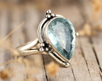Aquamarine Gemstone Ring* 925 Sterling Silver Ring* Genuine Real Blue Stone Ring* Pear Shape Ring* Women Gift Ring* Beautiful Gift Jewelry*