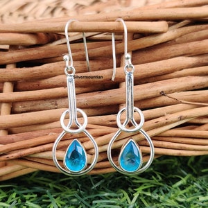 Blue Topaz Sterling Silver Drop Earrings: Birthday Gift