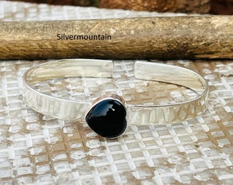 Black Onyx Heart Bangle, Handmade 925 Sterling Silver Adjustable Boho Jewelry, Gift For Him