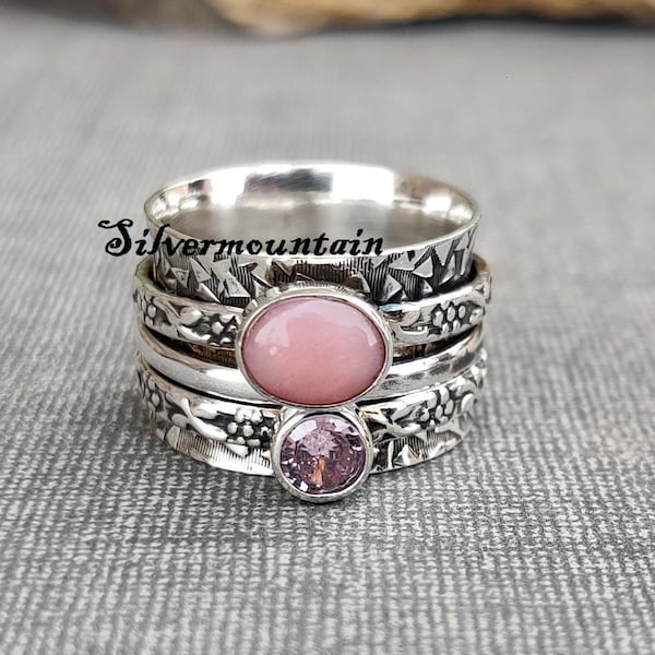 Handmade Pink Opal Sterling Silver Spinner Ring: Meditation Fidget Jewelry