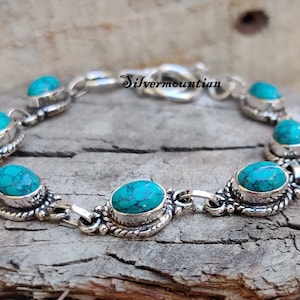 Pulseira de prata turquesa, pulseira de pedra da lua, pulseira de prata esterlina 925, pulseira feita à mão, pulseira de pedras preciosas. Pulseira de presente feminina.