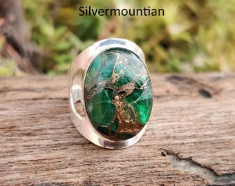Azurite Malachite Gemstone Ring: 925 Sterling Silver Statement Band