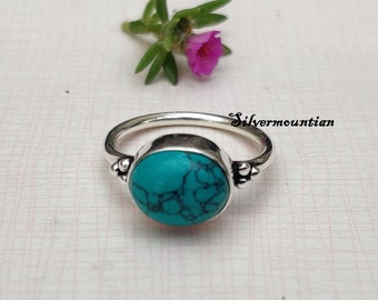 Designer Turquoise Ring, 925 Sterling Silver Ring, Dainty Ring, Oval Stone Band Ring, Silver Gift, Love & Friendship Ring, Free Shipping