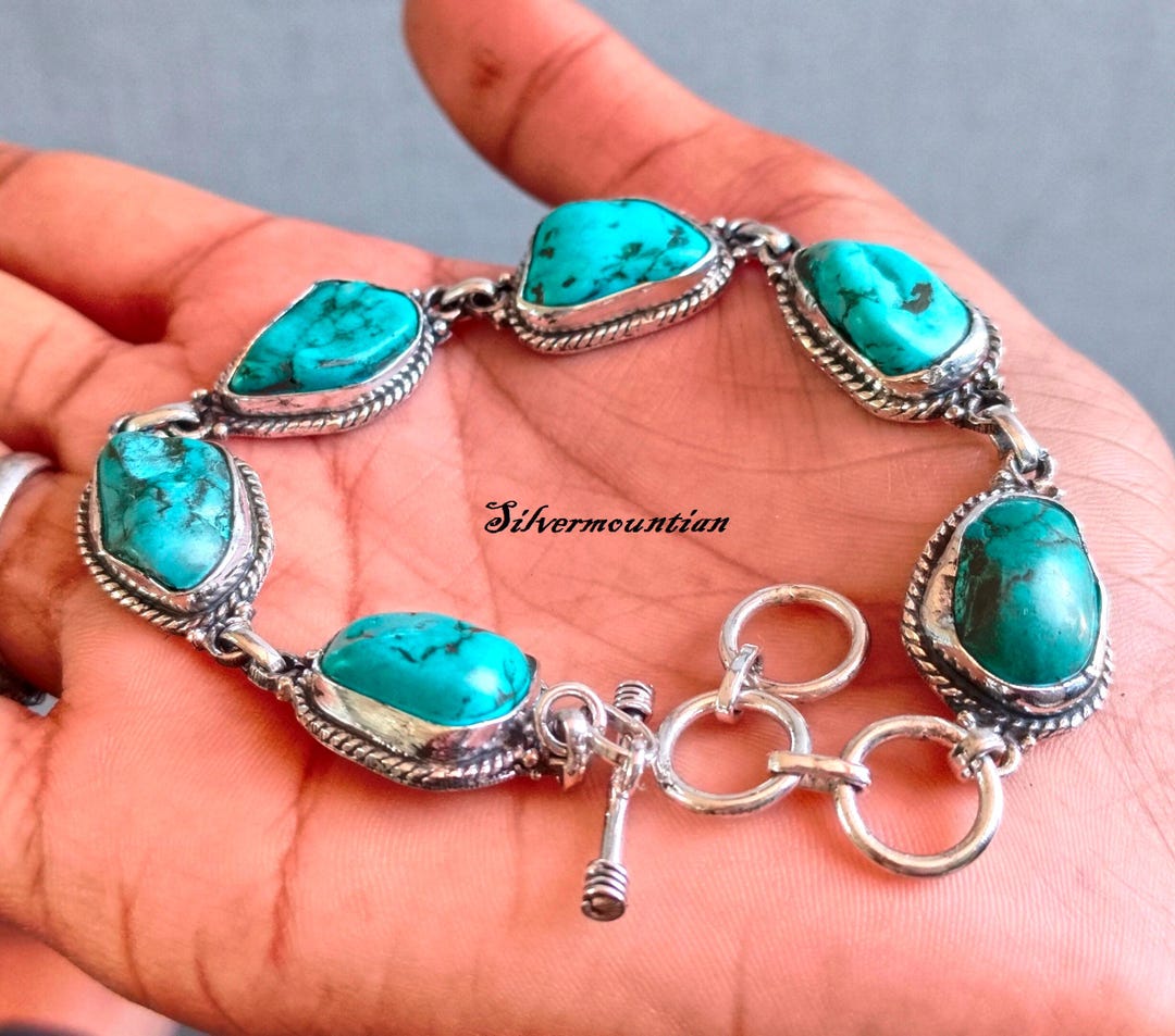 ハンドメイドの天然ターコイズブレスレット：925スターリングシルバー