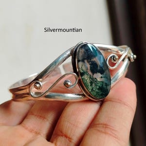 Grüner Moos Achat Armreif, 925 Sterling Silber, handgemachter Armreif, ovaler Stein Armreif, heilender Achat Manschette Armreif, Boho Frauen Armreif, Geschenk für sie