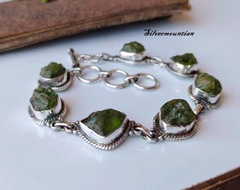 Handmade Peridot Raw Gemstone Bracelet: Adjustable 925 Sterling Silver