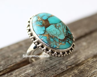Handmade Oval Blue Copper Turquoise Ring: 925 Sterling Silver Band