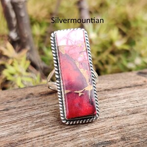 American Turquoise Ring: Handmade Sterling Silver Band Ring Red Rose Dahlia