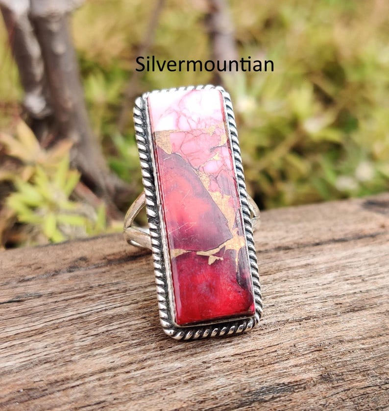 American Turquoise Ring: Handmade Sterling Silver Band Ring Red Rose Dahlia