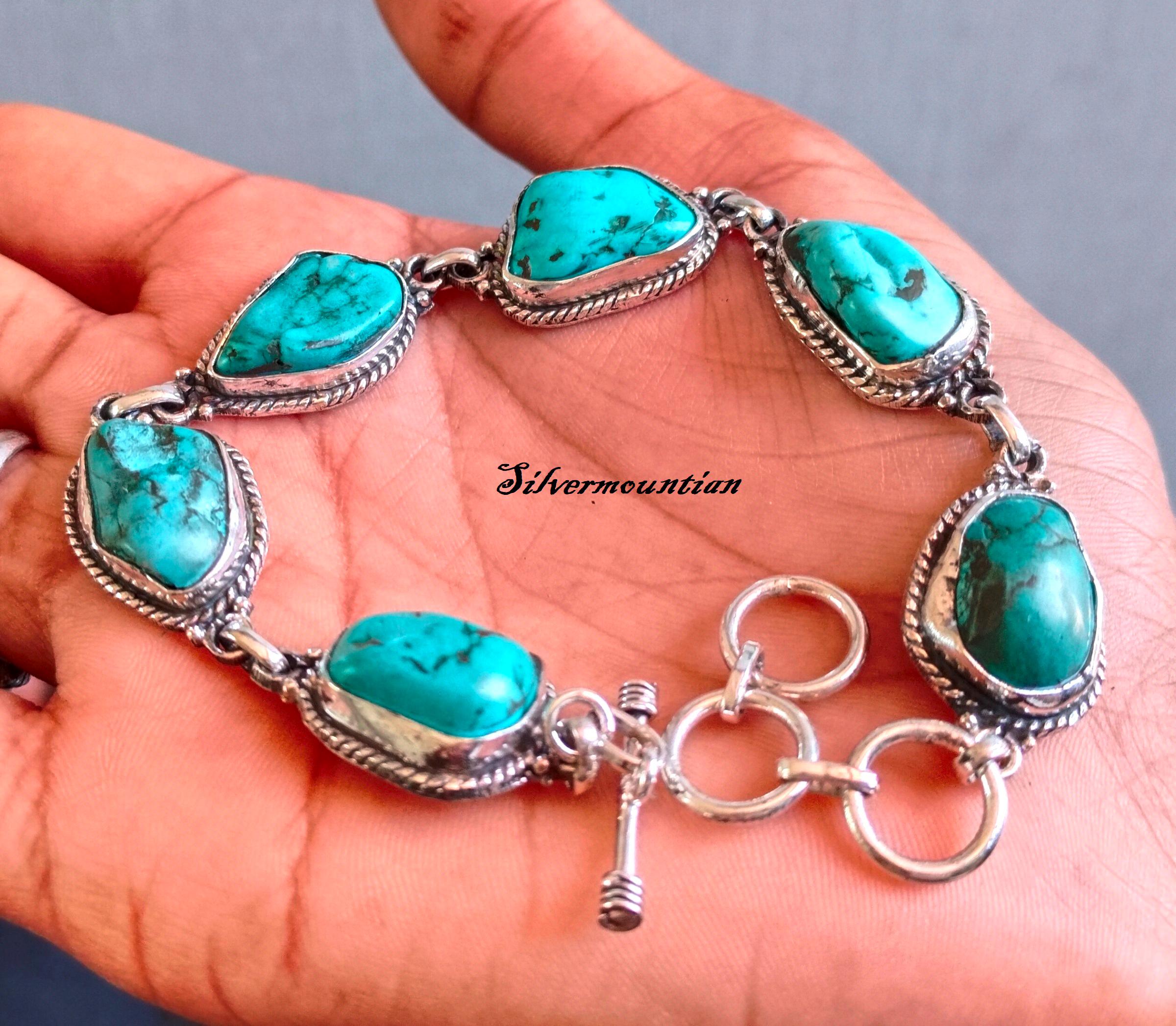 ハンドメイドの天然ターコイズブレスレット：925スターリングシルバー