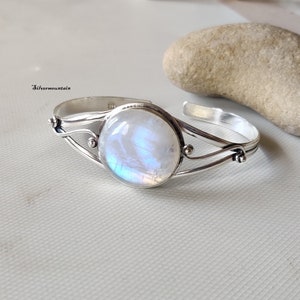 Rainbow Moonstone Bangle: Handmade 925 Sterling Silver Plated Cuff