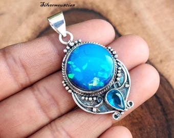 Australian Opal Pendant: Sterling Silver & Blue Topaz