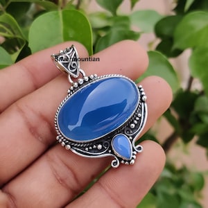 Blue Chalcedony Pendant- 925 Sterling Silver- Everyday Pendant- Blue Gemstone - Handmade Pendant-  Dainty Pendant-Pear & Oval Shape Pendant