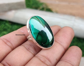 Handmade Oval Malachite Ring: 925 Sterling Silver Band, Gift For Wife