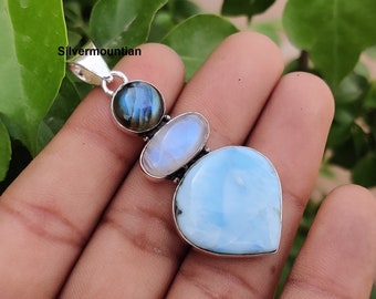 Designer Three Stone Pendant ~ 925 Sterling Silver ~ Larimar Pendant ~ Moonstone Jewelry ~ Charm Pendant ~ Labradorite Pendant~Gift Jewelry