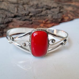 Red Coral Gemstone Bangle: 925 Sterling Silver Adjustable Bracelet