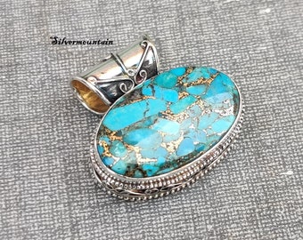 Blue Copper Turquoise 925 Sterling Silver Pendant - Handmade Boho Jewelry