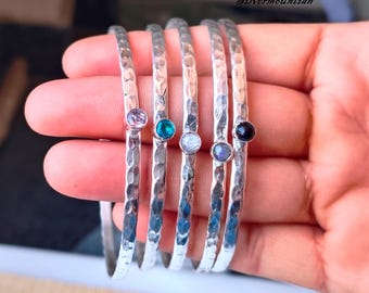 Five Gemstone Set Of Bangle, 925 Sterling Silver, Hammering Silver Bangle, Stacking Bangles, Stylish Bangle, Women Bangle, Gift To Him