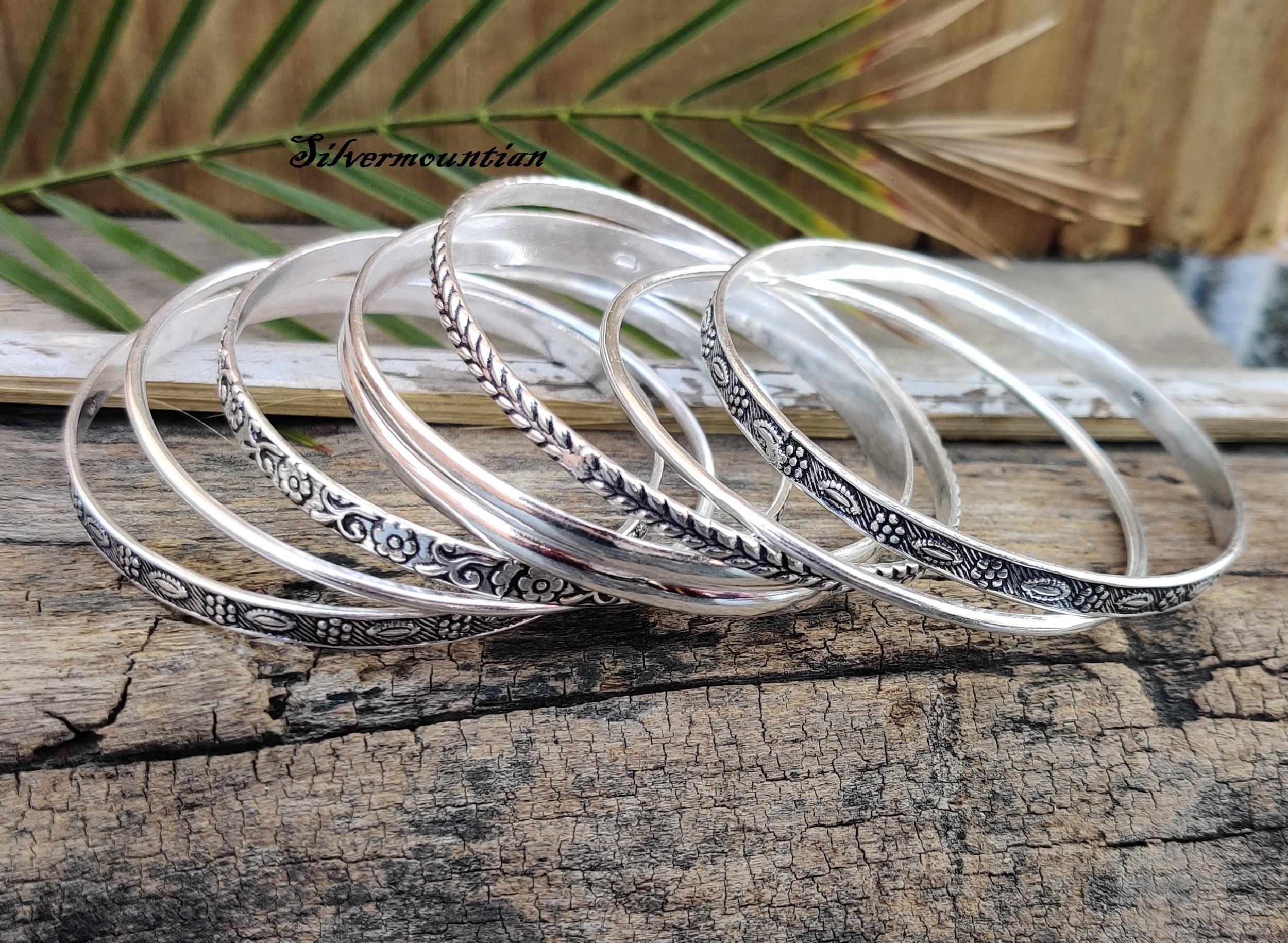 Handmade 925 Sterling Silver Bangle Set: Stackable Mix Design 